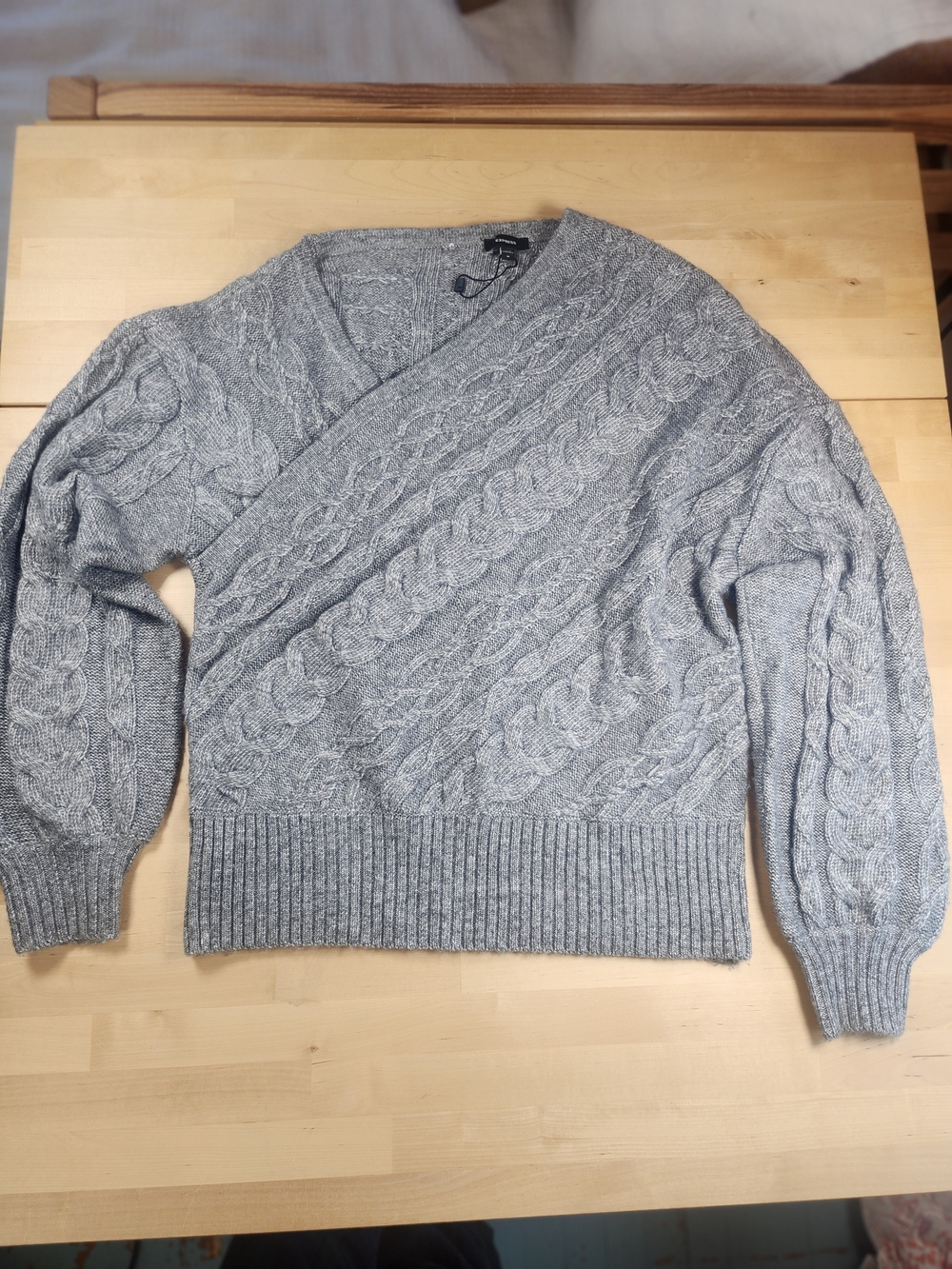 Express NWOT Faux-Wrap Gray Cable Knit V-Neck Sweater